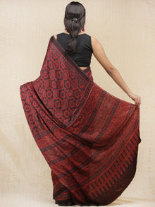 Crimson Red Black Ajrakh Hand Block Printed Modal Silk Saree - S031704154