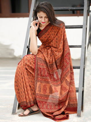 Blush Maroon Black Bagh Hand Block Printed Cotton Saree - S031703821