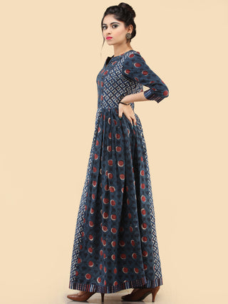 Nafesa - Hand Block Printed Long Cotton Dress With Embroidered Yoke  - D386F2065