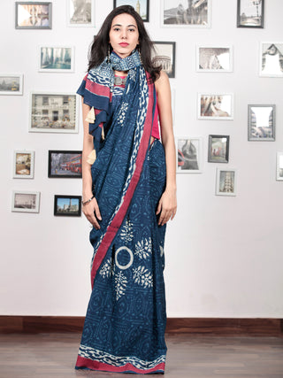 Indigo White Crimson Pink Hand Block Printed Cotton Mul Saree With  Hand made Tassels  - S031703019