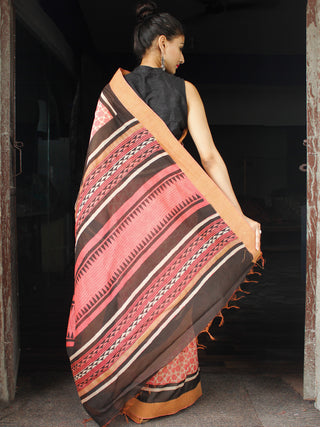 Rosewood Ivory Black Chanderi Silk Hand Block Printed Saree With Geecha Border - S031704003