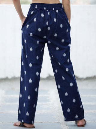 Navy Blue Ivory Hand Woven Ikat Cotton Pants - P11F1574