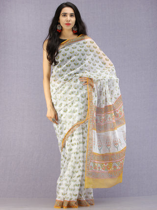 White Green Mustard Hand Block Printed Kota Doria Saree - S031704587