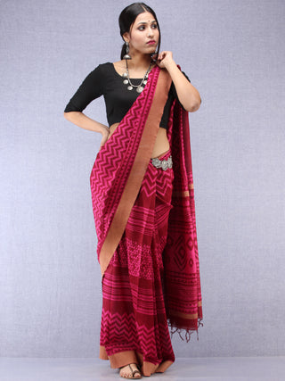 Maroon Pink Hand Block Printed Chanderi Saree With Geecha Border - S031704508