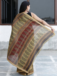 Olive-Green-Rust- Black Bagh Hand Block Printed Maheswari Silk Saree With Resham Border - S031703830