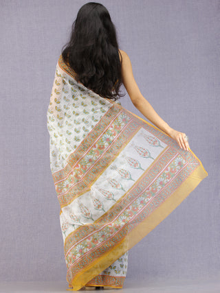 White Green Mustard Hand Block Printed Kota Doria Saree - S031704587