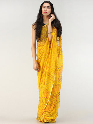 Yellow Red Green Hand Block Printed Chiffon Saree with Zari Border - S031704621