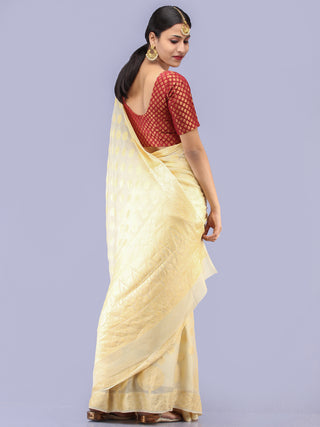 Banarasee Pure Chiffon Saree With Zari Work - Ivory Gold - S031704292