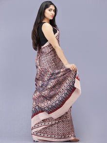 Ivory Red Indigo Ajrakh Hand Block Printed Modal Silk Saree - S031704183