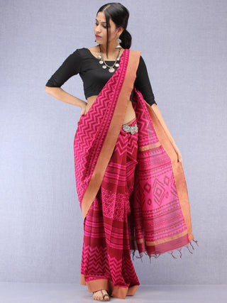 Maroon Pink Hand Block Printed Chanderi Saree With Geecha Border - S031704508