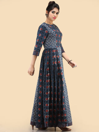 Nafesa - Hand Block Printed Long Cotton Dress With Embroidered Yoke  - D386F2065