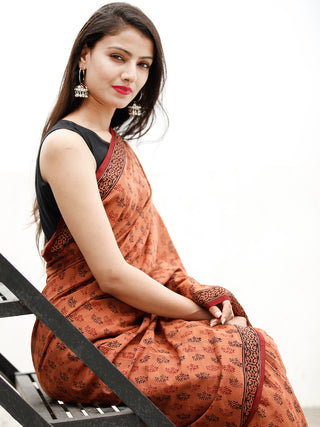 Blush Maroon Black Bagh Hand Block Printed Cotton Saree - S031703821