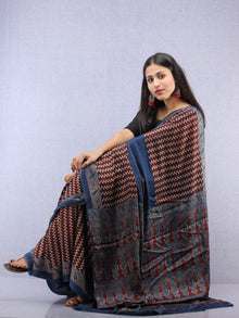 Indigo Maroon Beige Ajrakh Hand Block Printed Modal Silk Saree - S031704447