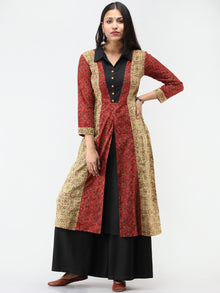 Olive Green Red Black Ajrakh Hand Block Printed Cotton Kurta   - K208F1581