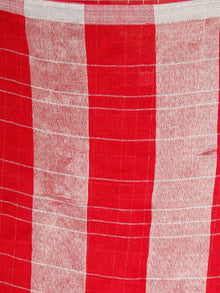 Red Silver Handwoven Checked Linen Saree With Zari Border  - S031703445