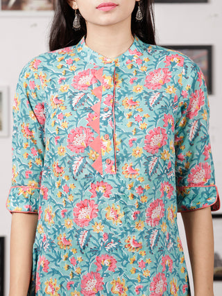 Green Pink Yellow Hand Block Printed Kurta - K82F1486
