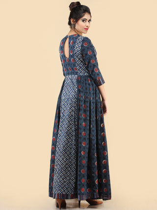 Nafesa - Hand Block Printed Long Cotton Dress With Embroidered Yoke  - D386F2065