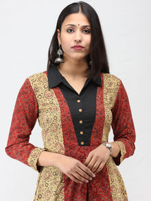 Olive Green Red Black Ajrakh Hand Block Printed Cotton Kurta   - K208F1581