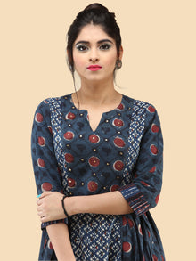 Nafesa - Hand Block Printed Long Cotton Dress With Embroidered Yoke  - D386F2065