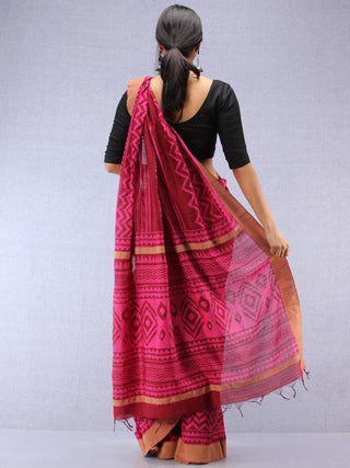 Maroon Pink Hand Block Printed Chanderi Saree With Geecha Border - S031704508