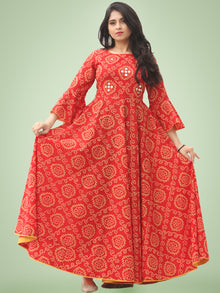Maher - Red Bandhani Printed Urave Cut Long Mirror Work Dress  - D381F2023