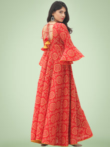 Maher - Red Bandhani Printed Urave Cut Long Mirror Work Dress  - D381F2023