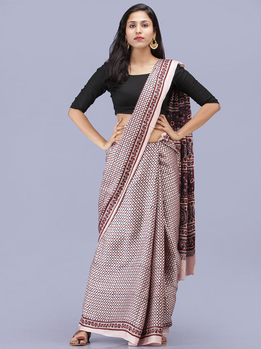 Ivory Indigo Red Ajrakh Hand Block Printed Modal Silk Saree - S031704225
