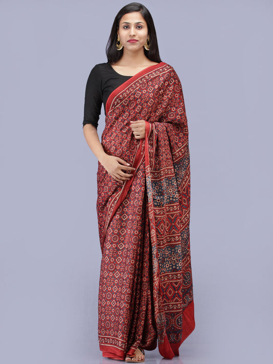 Crimson Red Indigo Ivory Ajrakh Hand Block Printed Modal Silk Saree - S031704226