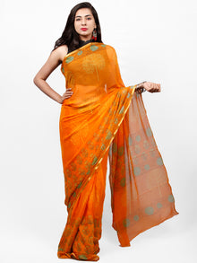 Orange Yellow Green Hand Block Printed Chiffon Saree with Zari Border - S031703292