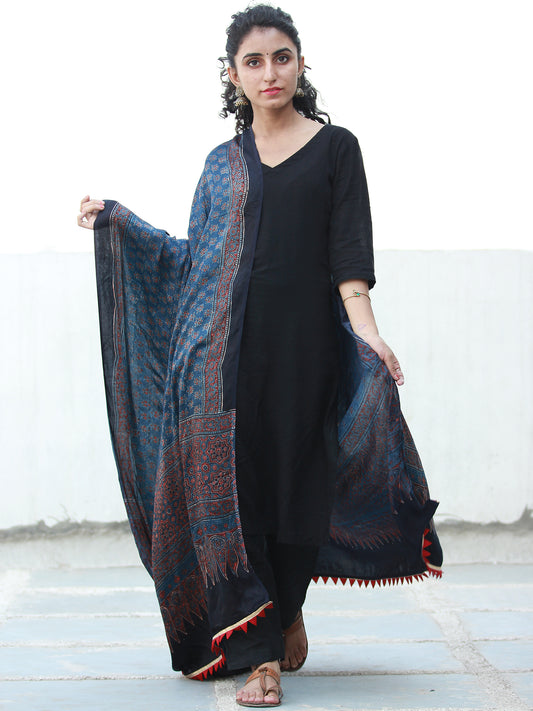 Indigo Red Black Ajrakh Hand Block Printed Modal Silk Dupatta - D04170508