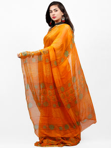 Orange Yellow Green Hand Block Printed Chiffon Saree with Zari Border - S031703292