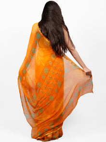 Orange Yellow Green Hand Block Printed Chiffon Saree with Zari Border - S031703292
