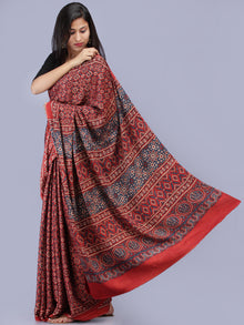 Crimson Red Indigo Ivory Ajrakh Hand Block Printed Modal Silk Saree - S031704226