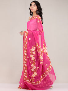 Pink Aari Embroidered Georgette Saree From Kashmir - S031704680