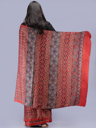 Crimson Red Indigo Ivory Ajrakh Hand Block Printed Modal Silk Saree - S031704226