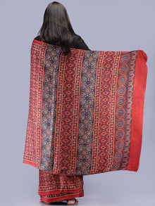 Crimson Red Indigo Ivory Ajrakh Hand Block Printed Modal Silk Saree - S031704226