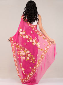 Pink Aari Embroidered Georgette Saree From Kashmir - S031704680