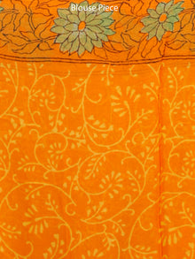 Orange Yellow Green Hand Block Printed Chiffon Saree with Zari Border - S031703292
