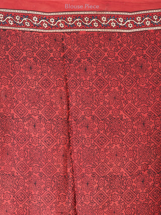 Crimson Red Indigo Ivory Ajrakh Hand Block Printed Modal Silk Saree - S031704226