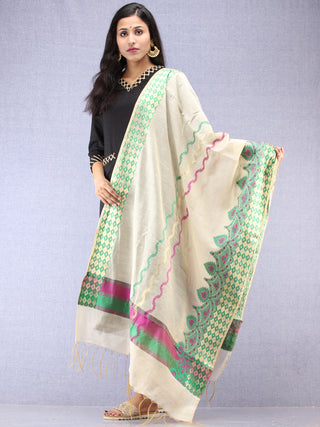Banarasi Chanderi Dupatta With Zari Work - Ivory Green & Gold - D04170850