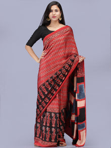 Crimson Red Indigo Black Ajrakh Hand Block Printed Modal Silk Saree - S031704227