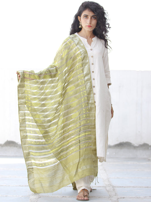 Light Olive Green Silver Cotton Silk Hand Block Printed Dupatta  - D04170595