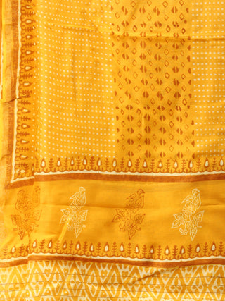 Bright Yellow White Chanderi Hand Brush Painted Dupatta - D04170746