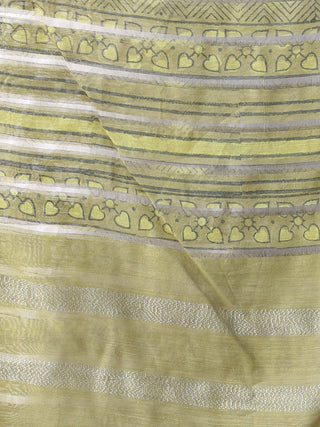 Light Olive Green Silver Cotton Silk Hand Block Printed Dupatta  - D04170595