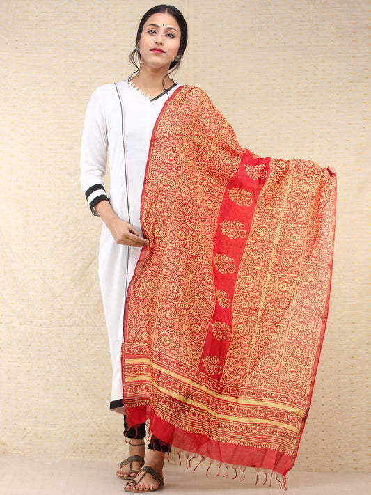 Red Yellow Chanderi Hand Block Printed Dupatta - D04170747