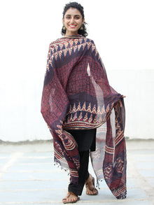 Deep Indigo Ivory Wine Kota Silk Hand Block Printed Dupatta - D04170509