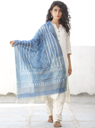 Indigo White Chanderi Hand Block Printed Stole - D04170596