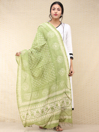Light Green Ivory Chanderi Hand Block Printed Dupatta - D04170748