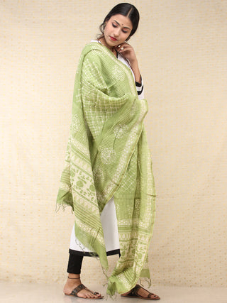 Light Green Ivory Chanderi Hand Block Printed Dupatta - D04170748
