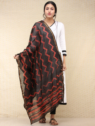 Black Red Chanderi Hand Block Printed Dupatta - D04170749